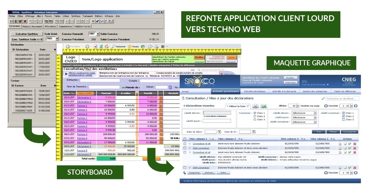 Capture écran d'une application métier client lourd, storyboard et maquette graphique