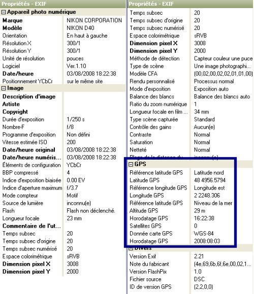 Exemple de données GPS dans les métadonnées EXIF d'un fichier image