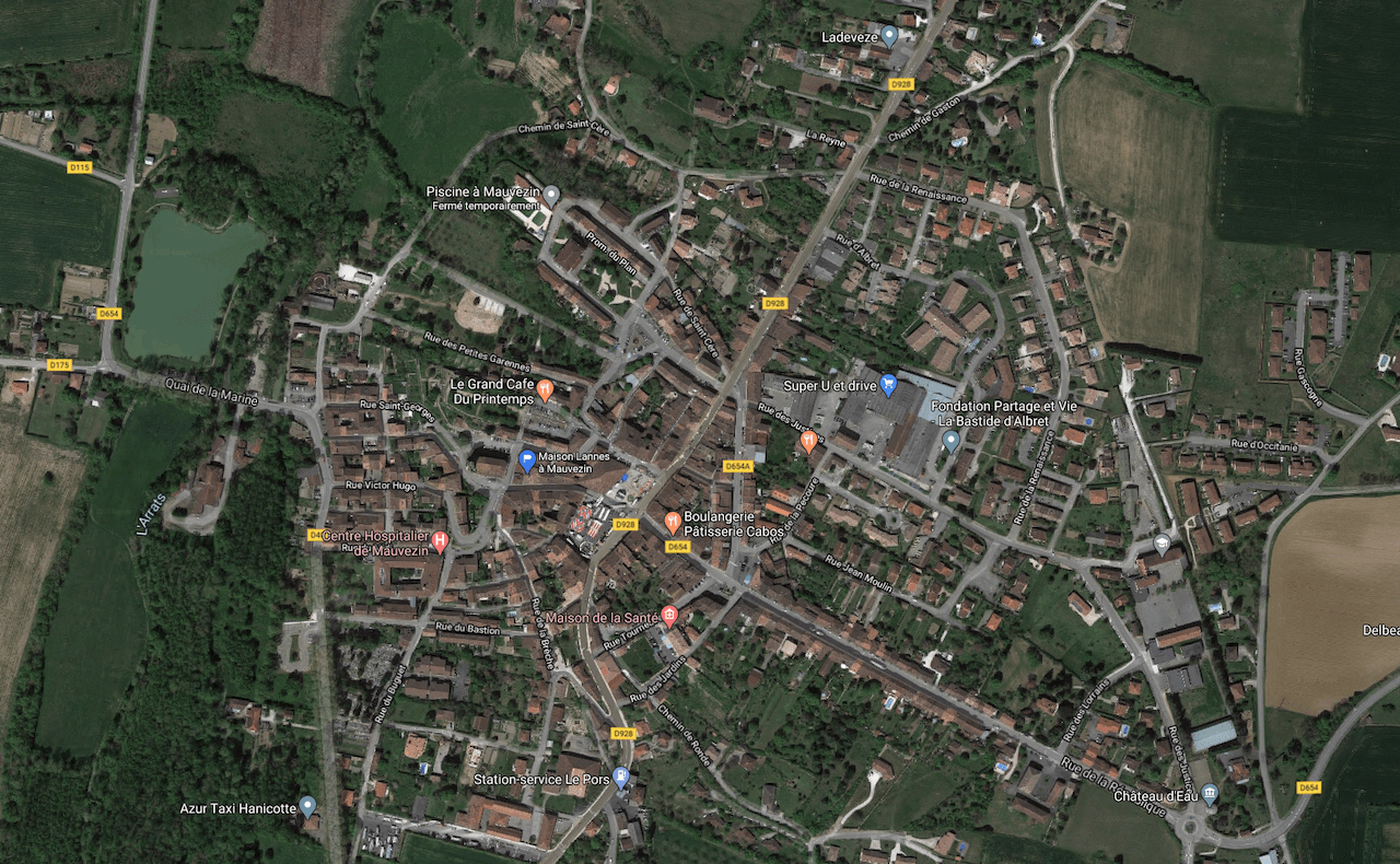 Google Maps carte vue du ciel de Mauvezin dans le Gers, France