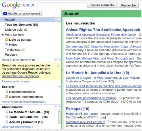 Google Reader web page