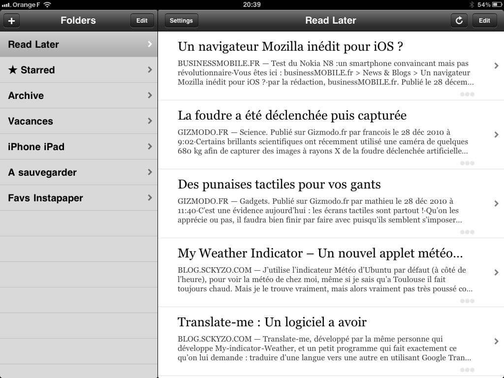 liste d'article application Instapaper pour iPad