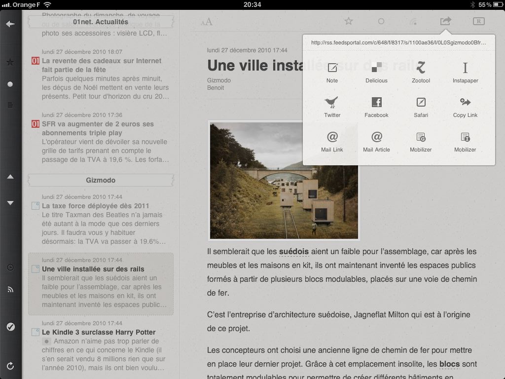 Fonction de partage et de envoi d’articles dans Reeder pour iPad