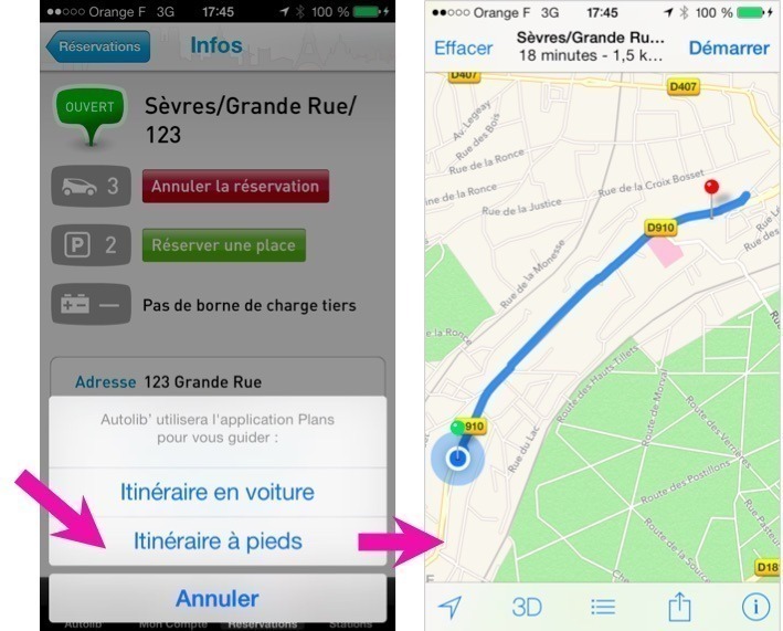 Capture écran illustrant l'activation de l'itinéraire à pieds depuis l'application Autolib sur iPhone