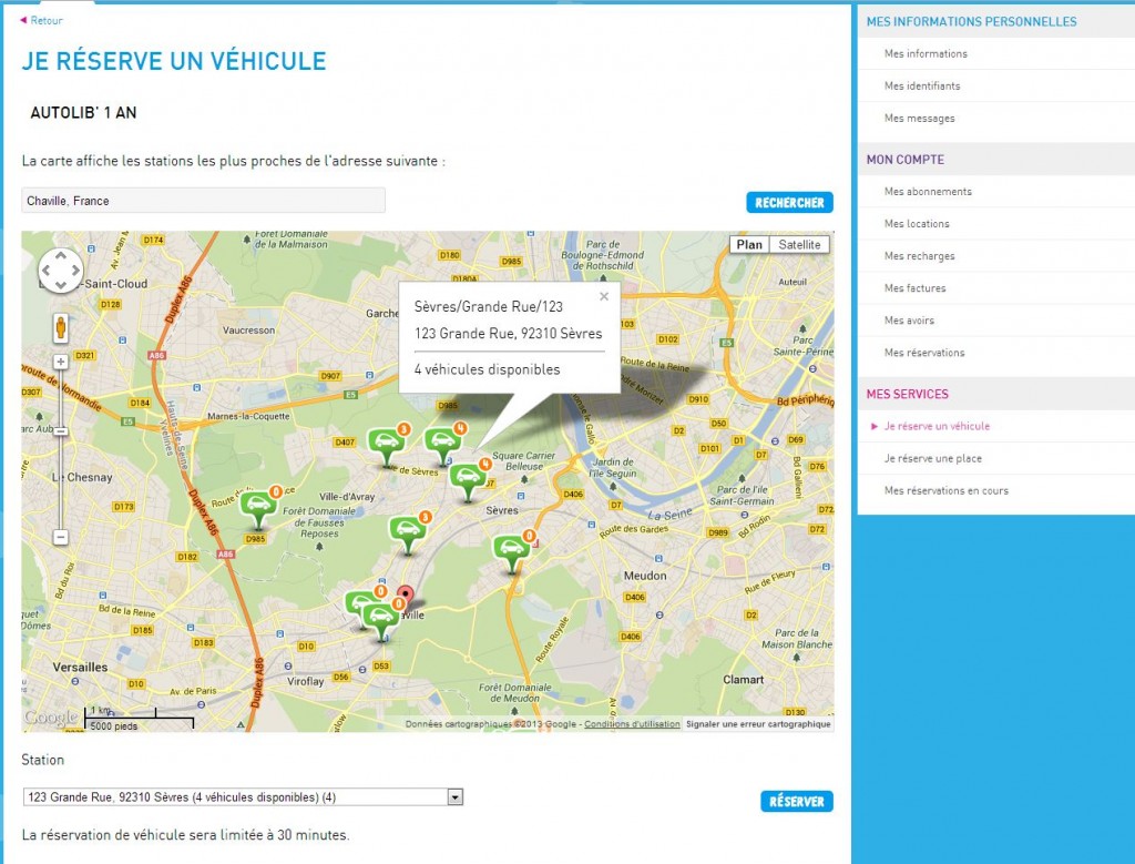 1. Canal : site web sur un ordinateur de bureau. Recherche de véhicule disponible sur une station proche