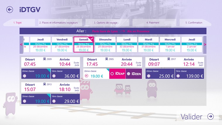 capture écran d'une page de sélection d'un trajet dans l'application iDTGV Windows 8