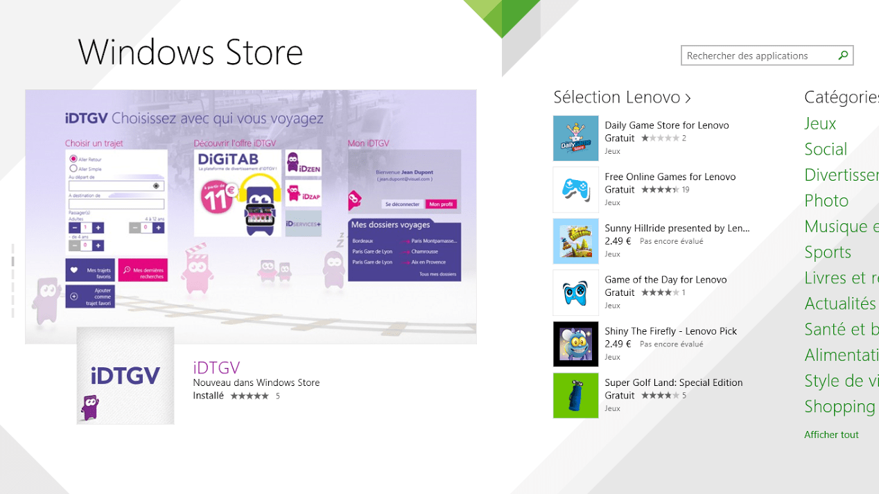 Application iDTGV à la une du store Windows 8