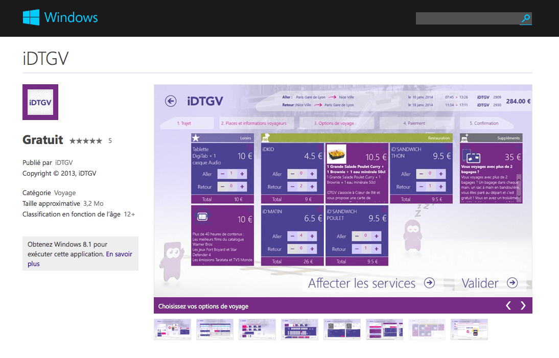 Capture écran de la page de l'application iDTGV sur le store Windows 8