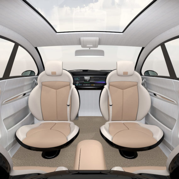 Concept d'un intérieur de véhicule autonome, avec sièges avant et arrière en face à face