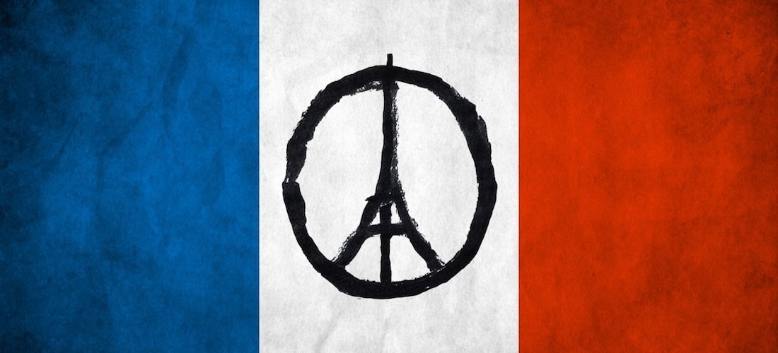 Mélange de symbole pacifiste et Tour Effeil sur fond de drapeau national français