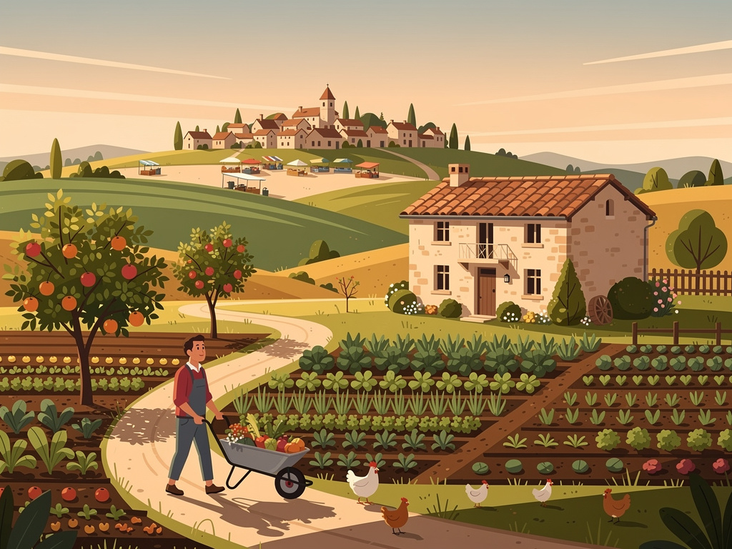 la petite ferme diversifiée au lever du jour, le village et sa place de marché au loin : l'alternative réparatrice, optimiste sans être mièvre.